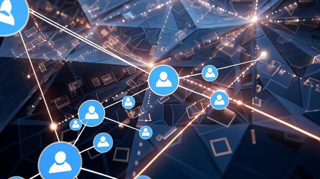  Complex geometric shapes with interconnected lines and glowing points creating a dynamic digital landscape