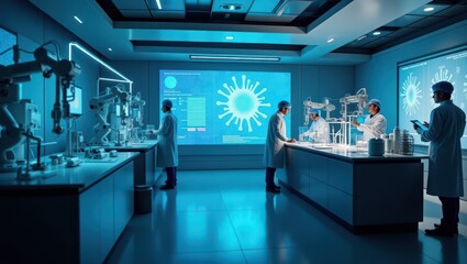 A futuristic medical laboratory filled with cutting-edge equipment. Scientists in sterile suits analyze holographic DNA sequences and monitor AI-powered robotic arms performing precision surgery. The 