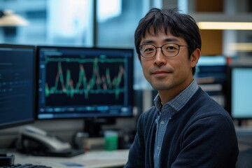 Fototapeta premium Professional Asian Man in Office Setting with Financial Charts on Computer Screens