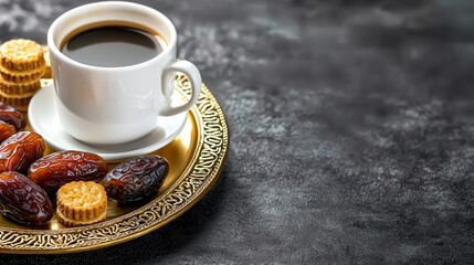 Obraz premium Ramadan feast outdoor dining celebration. Coffee served with dates and biscuits on an ornate plate.