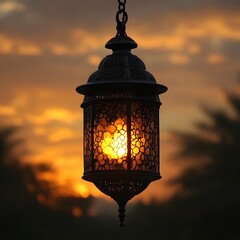 Illuminated lantern hangs at sunset, desert backdrop