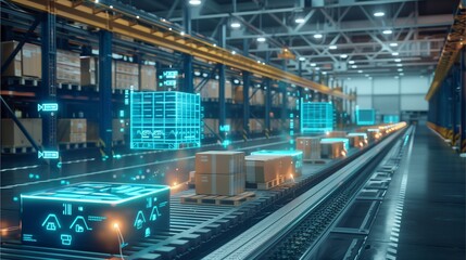 Modern automated warehouse with advanced technology. High-tech storage system. Boxes moving on a conveyor belt in a large warehouse with digital elements overlayed