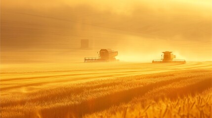 Obraz premium combine harvesters working in a wheat field during harvest time. The golden light of the setting sun bathes the scene in a warm, inviting glow.