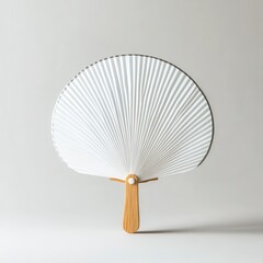 White Hand Fan with Wooden Handle on Light Gray Background