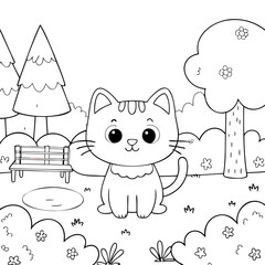Adorable Cat in a Lovely Scene Printable Black and White Coloring Page