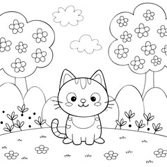 Cute Cat Coloring Page Black and White Illustration for Kids to Color