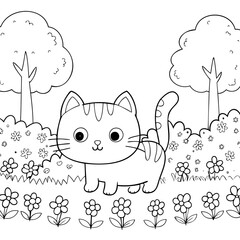 Cute Cat Coloring Page Black and White Illustration for Kids to Color