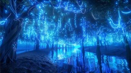 Fototapeta premium An enchanting forest scene with trees adorned in mesmerizing blue lights, creating a magical ambiance