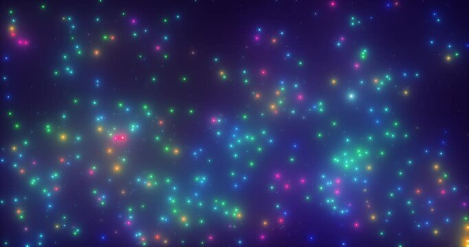 Colorful glittering floating particles background, motion graphic. Repeatable footage.