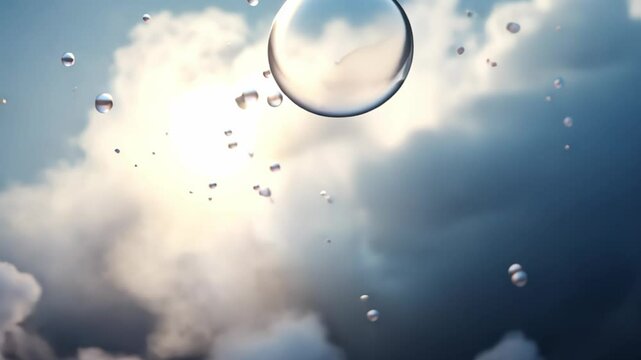  Floating metallic sphere among smaller bubbles with a mysterious foggy background