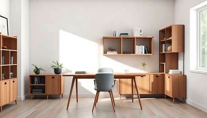 Stylish Office Interior Wooden Desk Mockup Frame