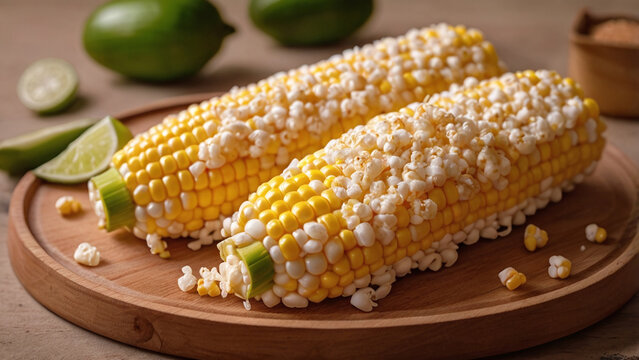 Fresh corn on cob with popped kernels, served on wooden platter. Lime wedges and jalapenos in background add vibrant touch to this delicious dish