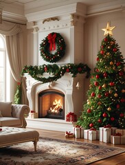 Elegant Christmas living room with glowing fireplace, decorated tree, wrapped gifts, and festive garlands creating a warm holiday atmosphere and cozy seasonal charm

