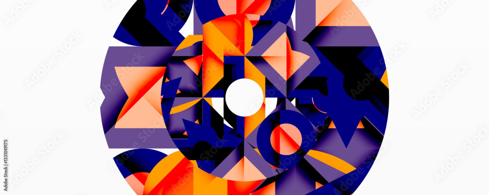Poster Abstract geometric composition with interlocking circular and angular shapes, featuring smooth gradients and sharp contrasts on a white background
