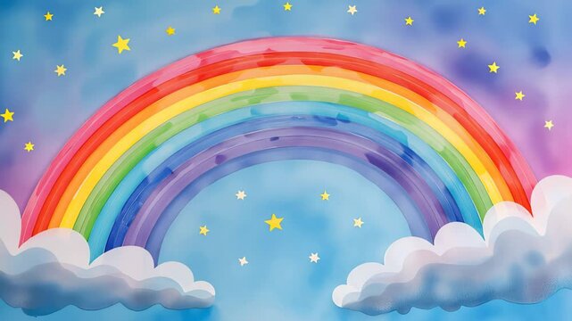  Colorful rainbow arching over fluffy white clouds with twinkling stars