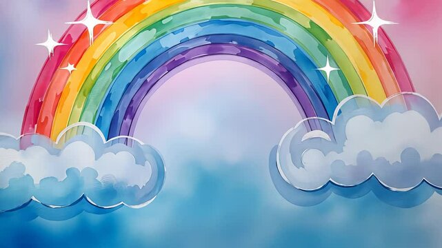  Vibrant watercolored rainbow with fluffy clouds and twinkling stars