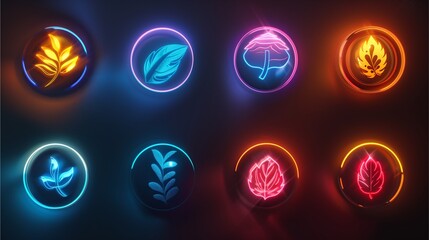 Neon leaf icons, glowing vibrant colors, digital art, set of eight
