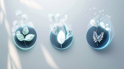 Enchanting stylized illustrations of ethereal leaves suspended within glowing orbs, depicting nature's tranquility and harmony