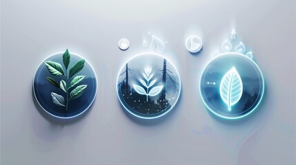 futuristic depiction of environmental sustainability, represented by glowing icons of plant life with clean, minimalist design