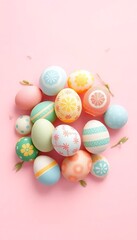 Fototapeta premium Top View Easter Eggs Pastel Pink Background