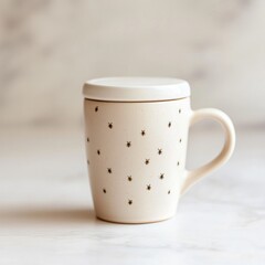 Obraz premium Small, cream-colored mug with a lid, featuring a subtle bee print design