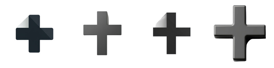 Obraz premium Four plus signs in varying shades of gray floating on a white background isolated on white or transparent