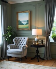 Fototapeta premium Elegant classic interior with a tufted armchair, vintage artwork, luxurious green wall paneling, and warm lighting from stylish table lamps, creating a cozy and sophisticated ambiance
