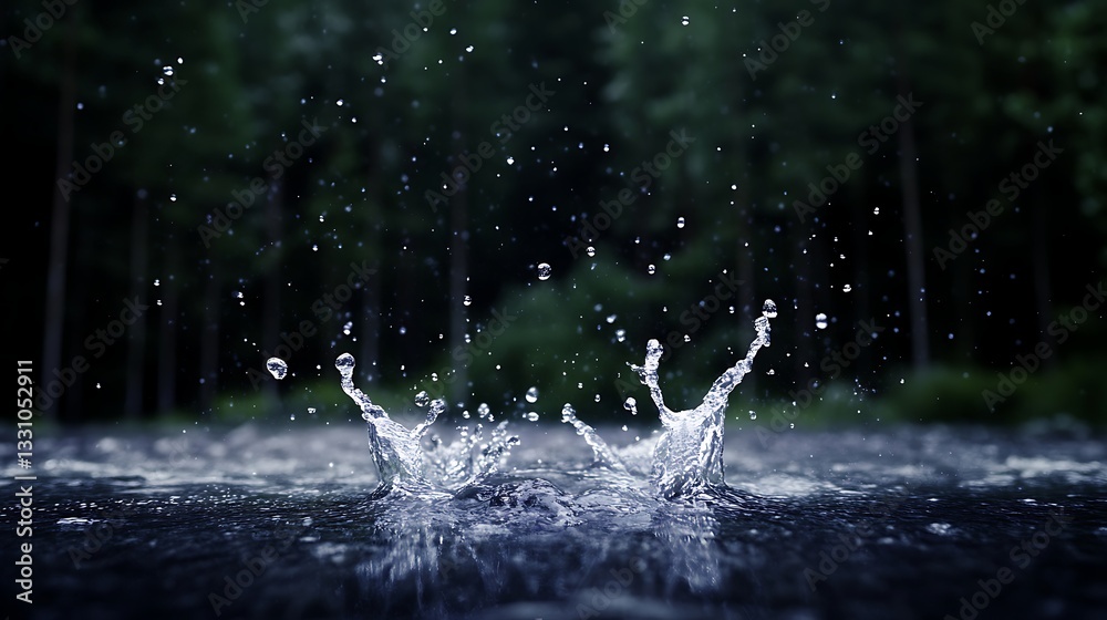 Poster raindrops splashing on a serene surface, surrounded by lush greenery in a tranquil forest setting.