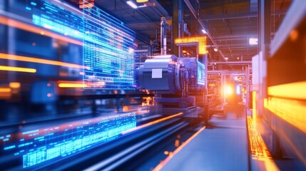 Fototapeta premium High-tech industrial setting with machinery and digital data flow in a modern factory environment