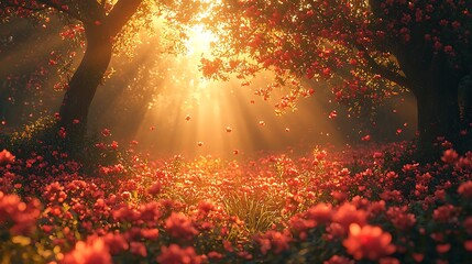 Enchanting Sunrise in a Red Flower Garden Magical Sunbeams Through Trees Falling Petals