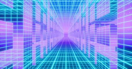 Futuristic glowing neon wireframe background. Shining grid planes in perspective. Bright retro digital horizon. Layered structures against starry sky. 3D rendering.