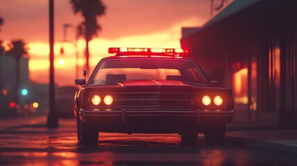 Fototapeta premium 1980s police car with vintage details and a flashing siren, parked outside a building at sunset 
