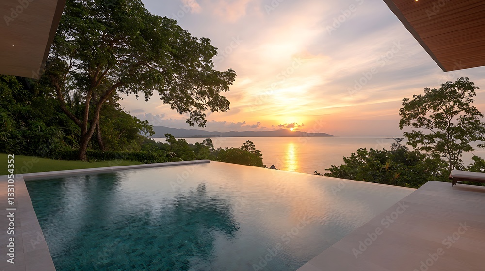 Poster Serene sunset view over a tranquil pool and lush greenery by the ocean.