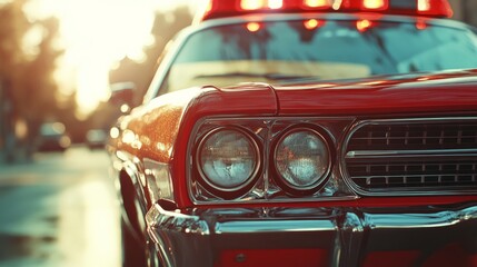 Fototapeta premium A close-up of a 1970s police car with vintage paint and sirens on top, reflecting in the sunlight 