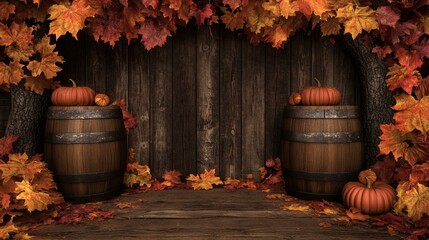 Thanksgiving fall autumn background or backdrop for photos with pumpkins, barrels, and colorful leaves
