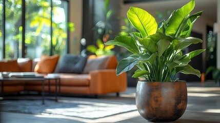 Botanical Harmony: A vibrant houseplant flourishes in a contemporary living space, its lush leaves casting gentle shadows, signifying natural beauty, evoking tranquility and freshness.