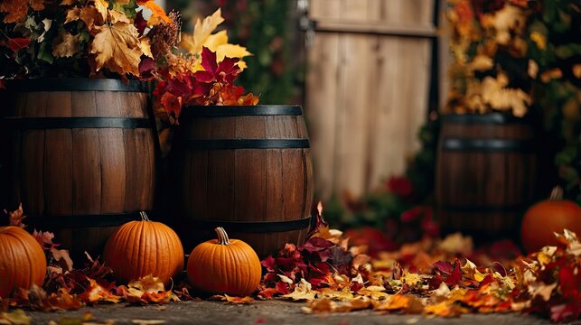 Thanksgiving fall autumn background or backdrop for photos with pumpkins, barrels, and colorful leaves