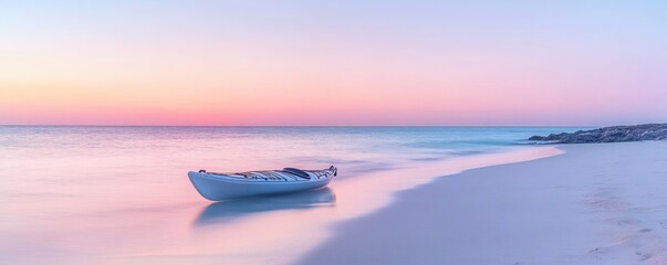A lone kayak sits serenely upon the sandy beach at dawn