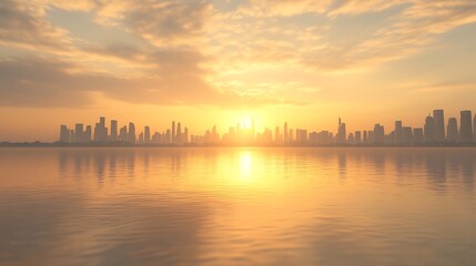 Fototapeta premium City skyline at sunset reflecting on water, creating a serene and vibrant atmosphere.