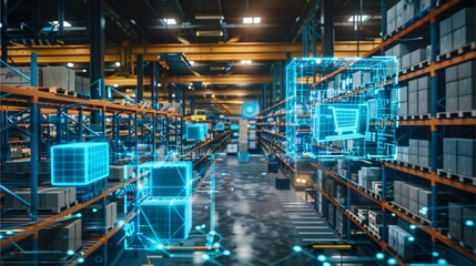 Fototapeta premium digitized warehouse with technology interface overlays, showcasing inventory management and logistics