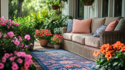Obraz premium Tranquil Porch Oasis: An inviting porch space, beautifully decorated with lush plants, comfortable seating, and vibrant colors. Perfect for relaxing and enjoying the outdoors.