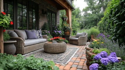 Fototapeta premium Serene Patio Retreat: A luxurious patio space exudes tranquility, with comfortable seating amidst a lush garden setting, embodying relaxation and outdoor living.
