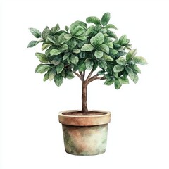 Obraz premium Lush Green Potted Tree with Vibrant Leaves in Watercolor Style on White Background