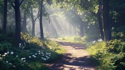 Fototapeta premium Tranquil forest pathway with sunlight filtering through trees
