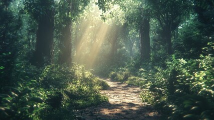 Tranquil forest pathway with sunlight filtering through trees