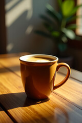 Obraz premium Warm Golden Latte Coffee Cup Morning Sunlight Wooden Table Cozy Autumn Beverage Hot Drink Delicious Aromatic Cafe Relaxing Peaceful Sunshine Breakfast