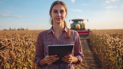 Young Female Farmer Using Tablet in Golden Wheat Field
