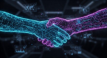Futuristic AI handshake with glowing data streams, symbolizing artificial intelligence collaboration, innovation, and technological partnership.