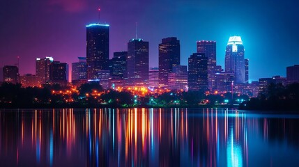 Obraz premium Neon Cityscape At Twilight Reflects In Calm Water. Modern Buildings Glow In Vibrant Pink And Blue.