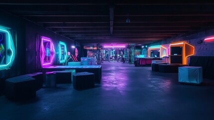 Futuristic Neon Innovation Hub Night Interior